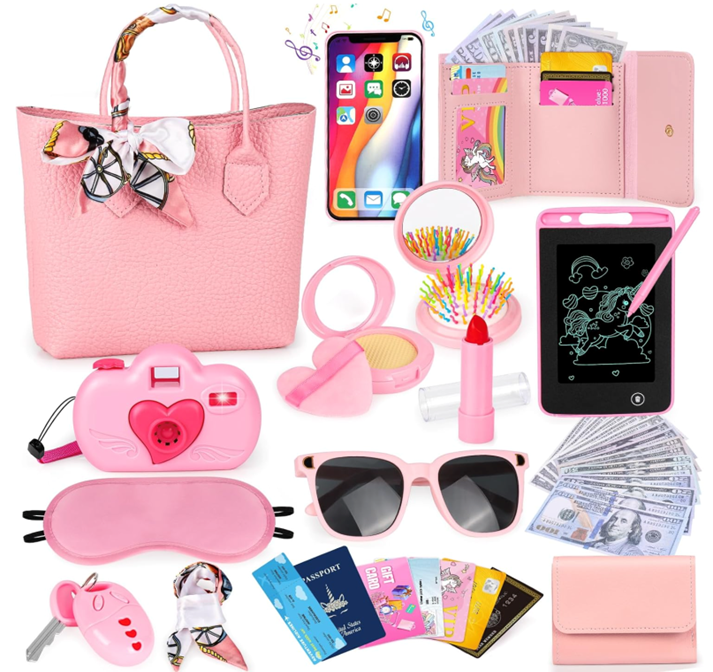 Rirool Kids Travel Bag & Makeup Toy Set - 42 Pcs Pretend Play Purse with Wallet, Sunglasses, Phone, Hat - Birthday Gift for Girls Age 6-15 (Pink)