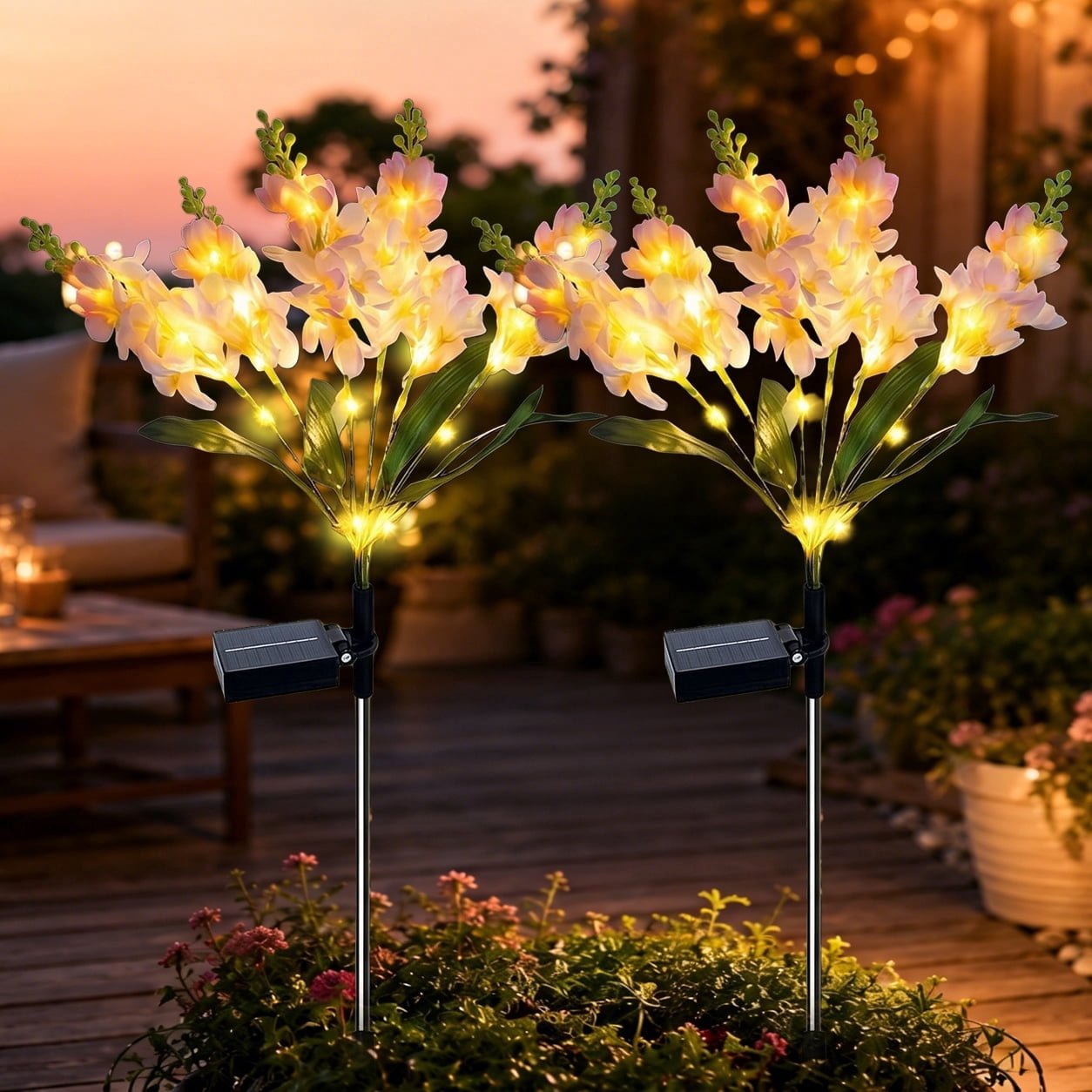 Rirool Solar Pink Violet Flower Garden Stake Lights, 6-Head Warm White LED Outdoor Waterproof Pathway Lights for Yard Lawn Patio, Romantic Dusk-to-Dawn Landscape Decor, 2 Pack
