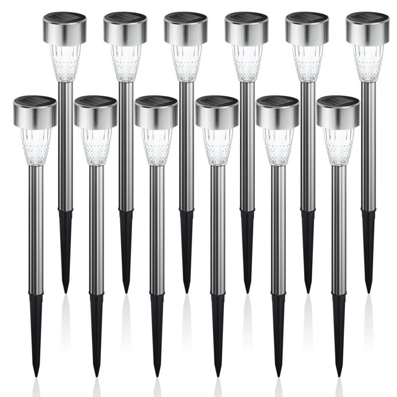 Rirool Solar Pathway Lights Outdoor Waterproof 12 Pack, Solar Powered Garden Stake Lights for Patio Walkway Driveway Yard Lawn Landscape Decor, Cool White