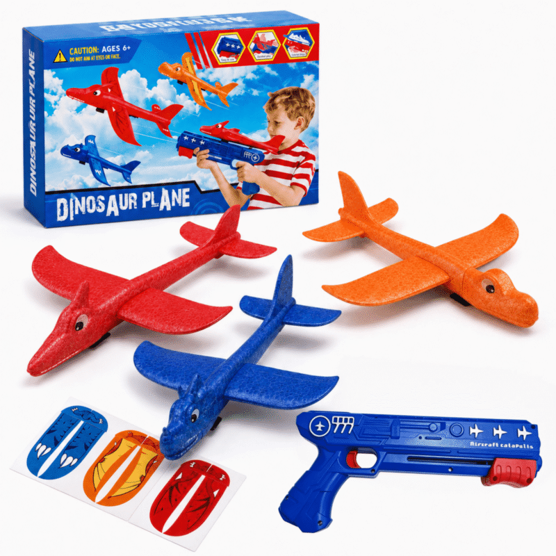 Rirool Dinosaur Airplane Launcher Toy Set with 3 Colorful Foam Glider Planes, Handheld Launch Shooter and DIY Stickers for Backyard and Park Play, Birthday Gift for Boys and Girls Ages 6+
