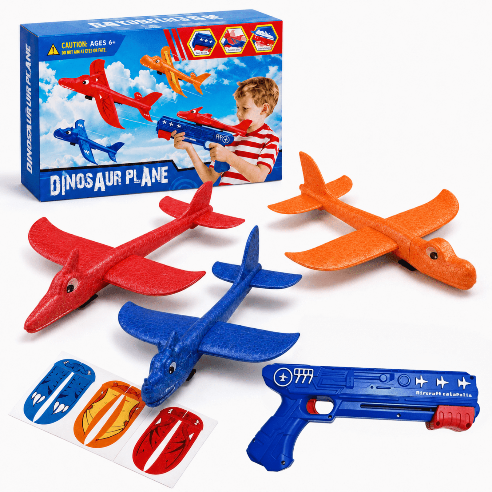 Rirool Dinosaur Airplane Launcher Toy Set with 3 Colorful Foam Glider Planes, Handheld Launch Shooter and DIY Stickers for Backyard and Park Play, Birthday Gift for Boys and Girls Ages 6+