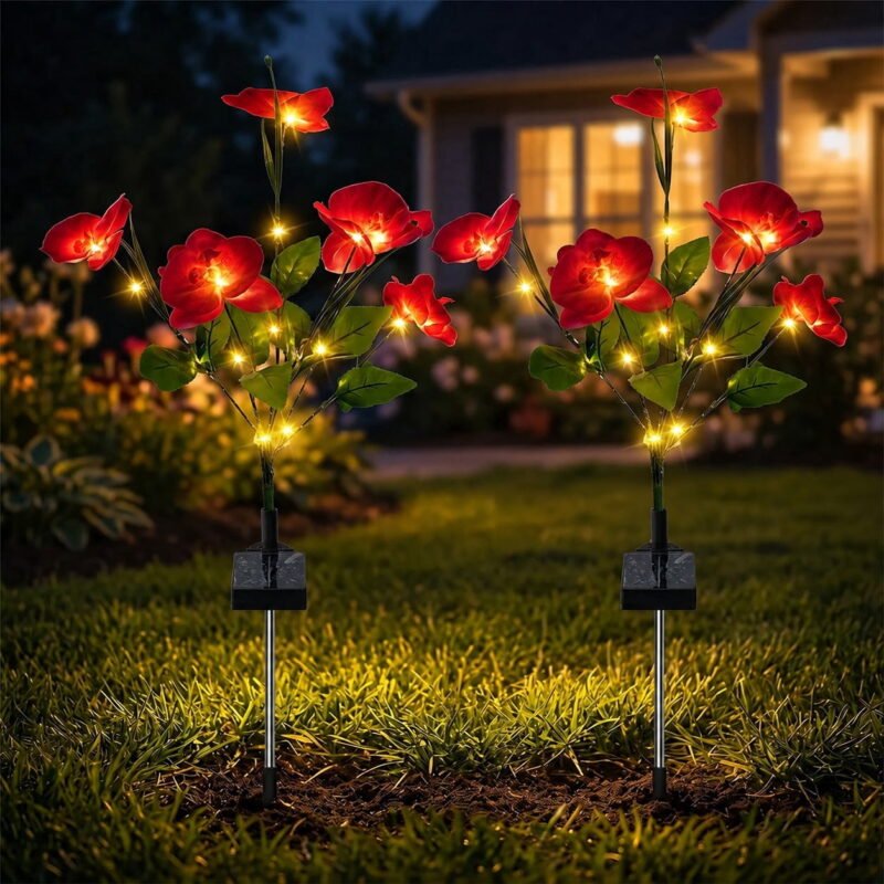 Rirool Solar Orchid Flower Garden Stake Lights, 7 Heads Warm White Solar Lights Outdoor Waterproof, Decorative Lights for Yard Lawn Patio Pathway, Red 2 Pack