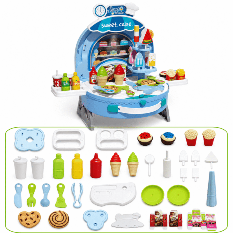 Rirool Kids Pretend Dessert Shop Play Food Set with Sweet Cake Counter, Ice Cream, Drinks, Serving Accessories, Stickers and Portable Carry Case for Indoor Role Play Gift Ages 3+