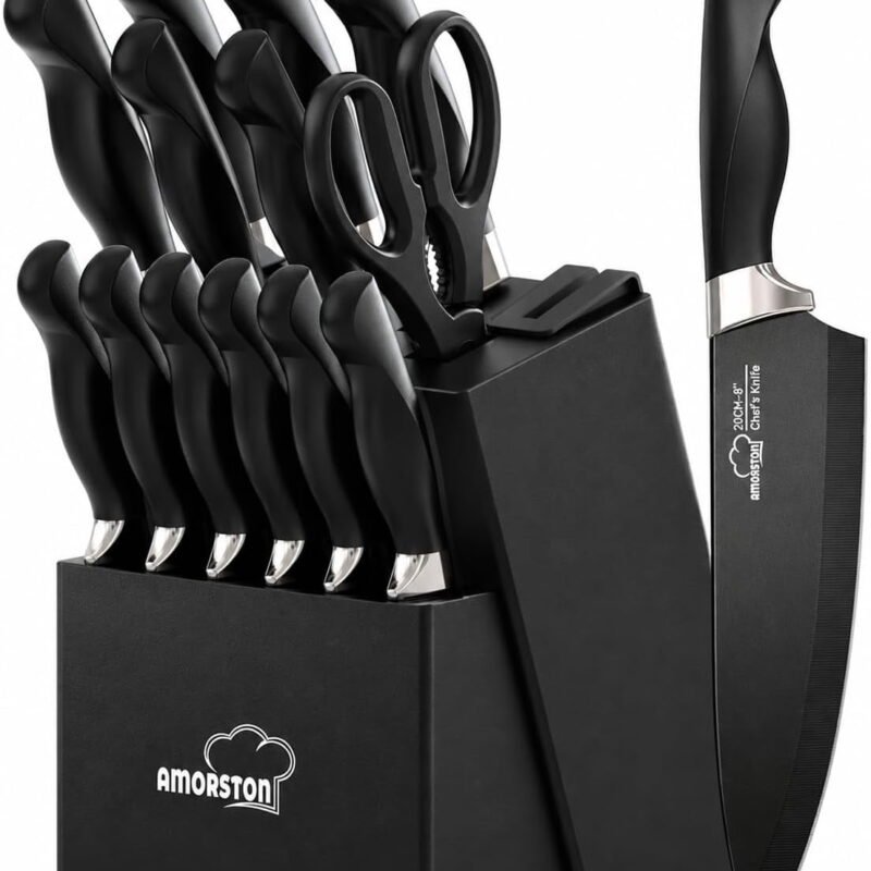 AMORSTON 15-Piece Black Kitchen Knife Block Set with Kitchen Shears