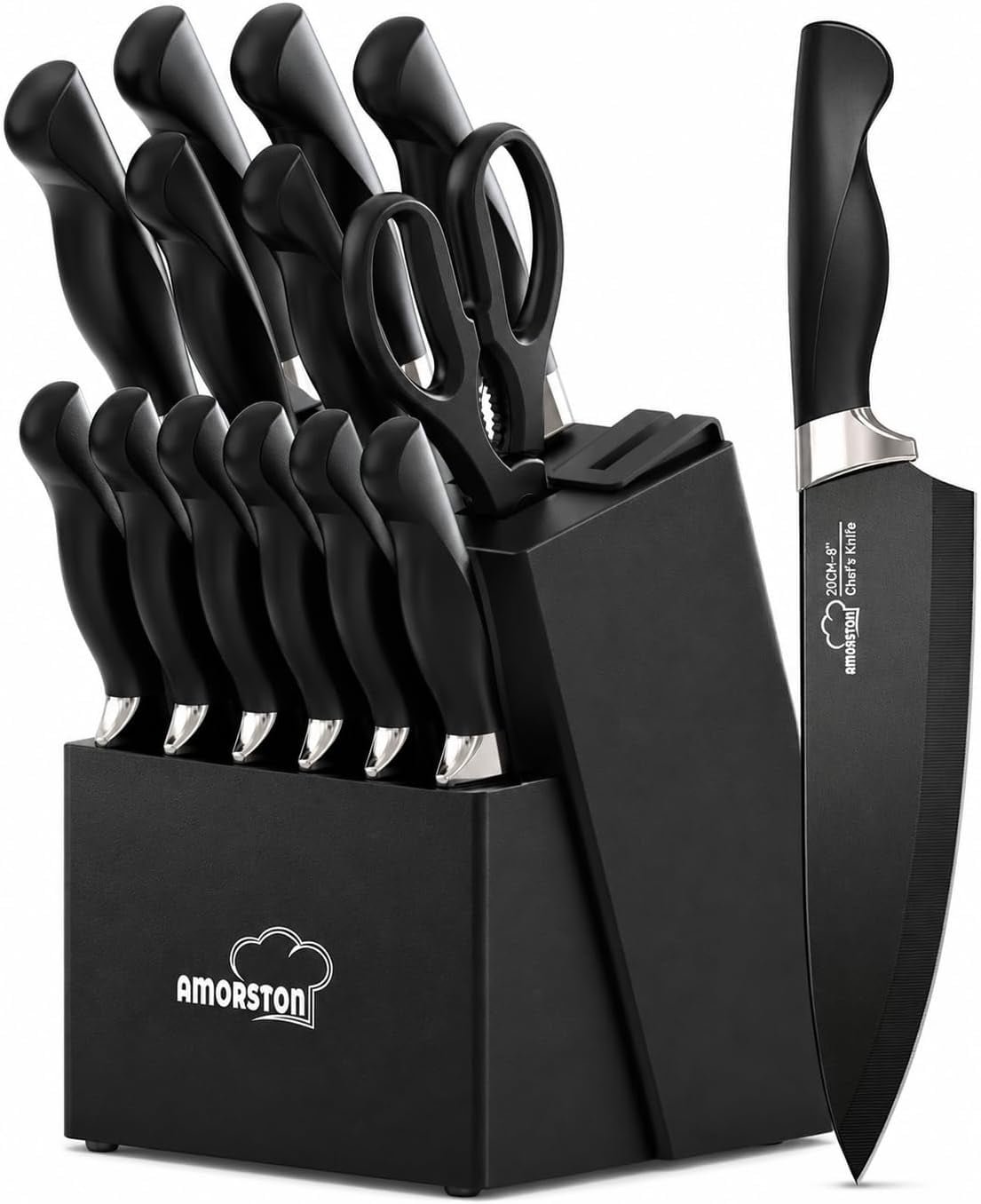 AMORSTON 15-Piece Black Kitchen Knife Block Set with Kitchen Shears