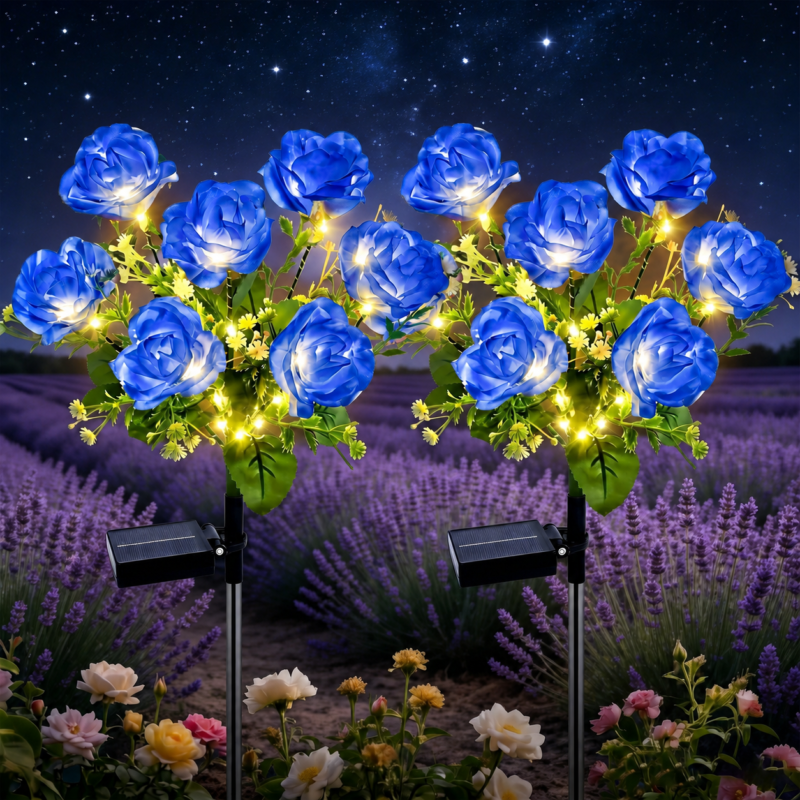 Rirool Solar Rose Garden Stake Lights, 7 Heads Blue Flower Solar Lights Outdoor Waterproof, 8 Modes Decorative Lights for Yard Lawn Patio Pathway, 2 Pack
