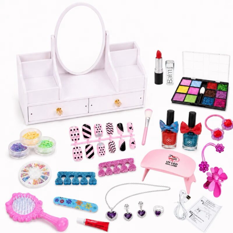 Rirool Kids Wooden Vanity Makeup Play Set with Mirror, Pretend Nail Dryer Lamp, Cosmetics, Nail Art Accessories and Storage Drawers for Girls Ages 3+, Beauty Salon Dress Up Birthday Gift