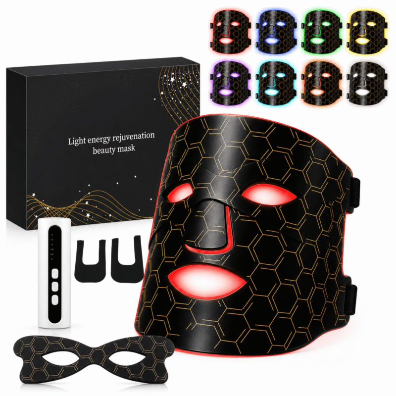 RNKR Rechargeable LED Facial Beauty Mask with 144 Light Beads, 8 Color Modes, 3 Timer Settings, Remote Controller, Eye Pad, Adjustable Straps and USB Charging Cable for Home Care