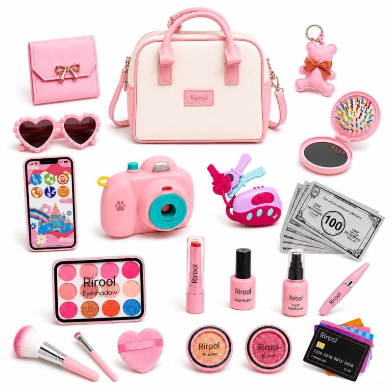 Rirool 38-Piece Pink Pretend Play Purse Set for Girls, Princess Dress Up Handbag Toy with Phone, Camera, Wallet, Keys, Heart Sunglasses, Makeup Accessories, Play Money and Cards Kids Gift