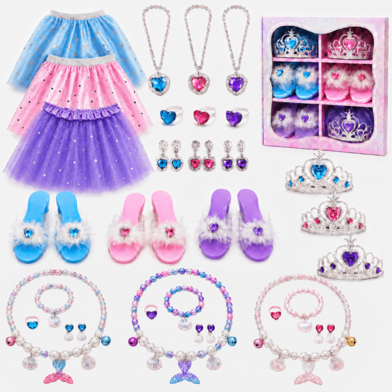 Rirool Princess Dress-Up Costume Set for Girls with 3 Sparkle Tutu Skirts, Crowns, Necklaces, Earrings, Bracelets, Rings and 3 Pairs of Pretend Shoes for Birthday Parties and Home Play Ages 3+