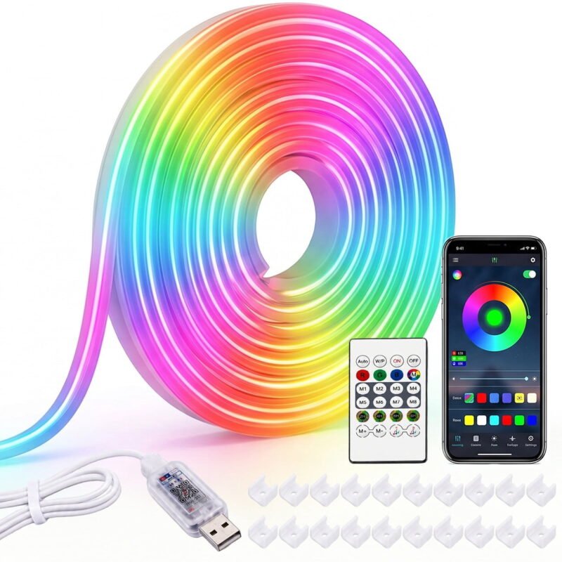 Rirool 10M Smart RGB Neon LED Strip Light, App Remote Control Music Sync Flexible Rope Light, 16M Colors, IP65 Waterproof USB 5V LED Strip for Wall Ceiling Patio Holiday Outdoor Decor