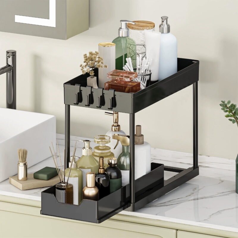 Multipurpose Pull Out Under Sink Storage Rack | Bathroom & Kitchen Organizer | Black Plastic | 15.55x14.37x8.66in | Durable Design | Easy Installation | Single Unit