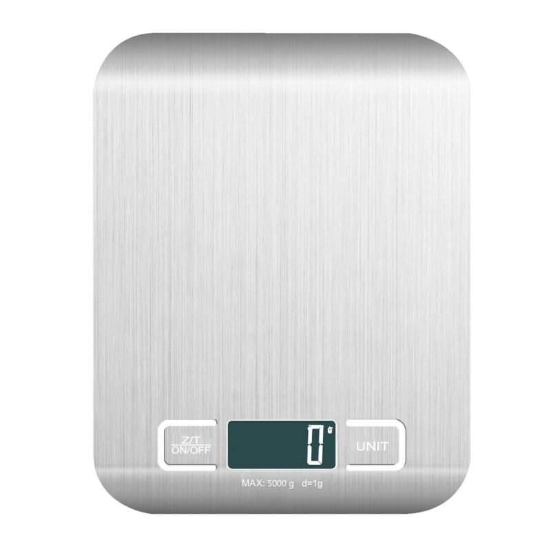 Rirool 5kg Digital Kitchen Food Scale with 1g Graduation, Five Measurement Units, LCD Display, Tare Function, Stainless Steel and Tempered Glass Platform for Cooking, Baking and Meal Prep