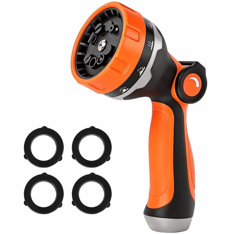 Rirool 10-Pattern Garden Hose Nozzle with Thumb Flow Control, High Pressure Water Sprayer with Non-Slip Grip and Standard 3/4-Inch Hose Connection for Lawn, Plants, Car Wash and Pet Bath, Orange