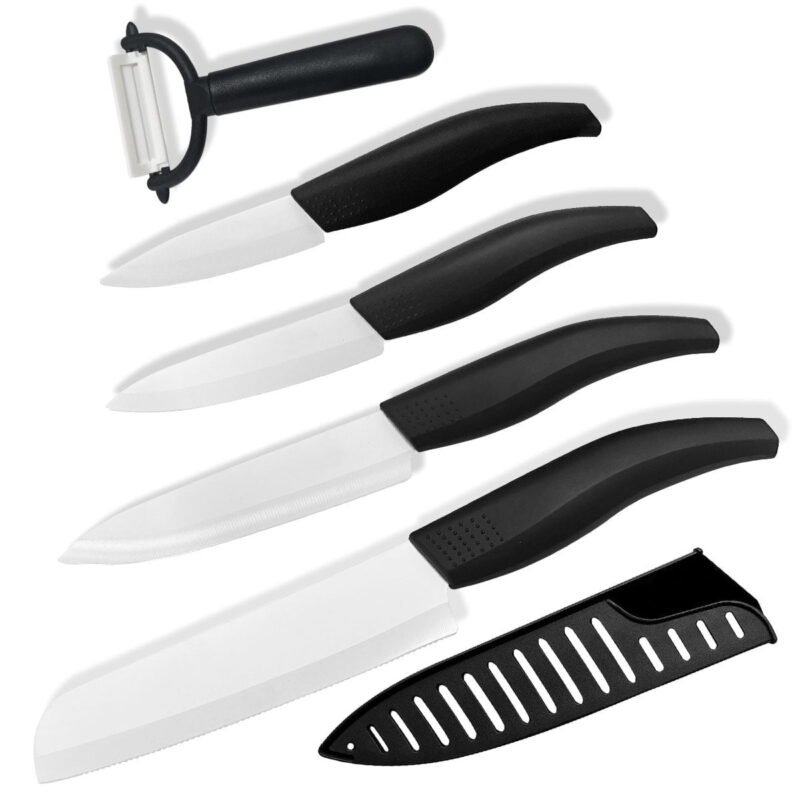 Rirool 5-Piece Ceramic Kitchen Knife Set with Covers - Includes Chef, Utility, Fruit, and Paring Knives Plus Peeler
