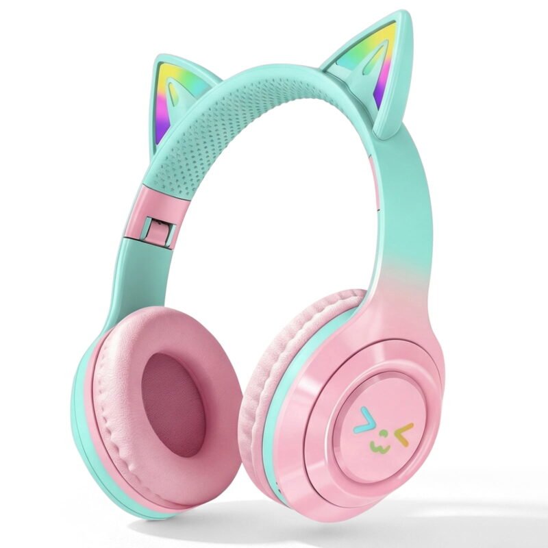 Rirool Cat Ear Bluetooth Headphones with LED Light, Wireless Foldable Headphones for Kids & Adults, Built-in Mic, SD Card Slot, Stereo Sound, 3.5mm Jack, Green/Pink