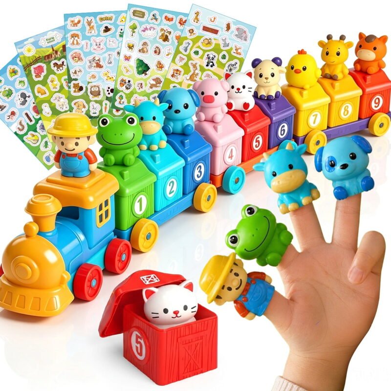 Rirool Toddler Learning Train Toys for 2 3 4 5 Year Old Boys Girls, Montessori Counting Sorting Matching Train Set with Farm Animal Finger Puppets, Preschool Educational Toys Gift