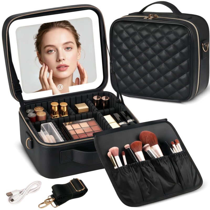 Rirool Travel Makeup Organizer with LED Mirror, Portable Cosmetic Train Case with Adjustable Dividers & Rechargeable Lighted Mirror for Women Girls, Black
