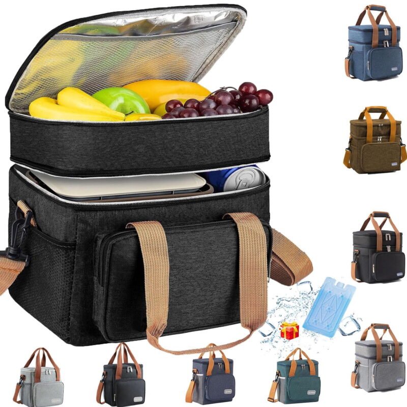 Rirool Large Black Insulated Lunch Bag with Double Compartments, Adjustable Shoulder Strap, Water-Resistant Oxford Fabric and Leak-Resistant Lining for Work, Office, Picnic, Camping and Travel