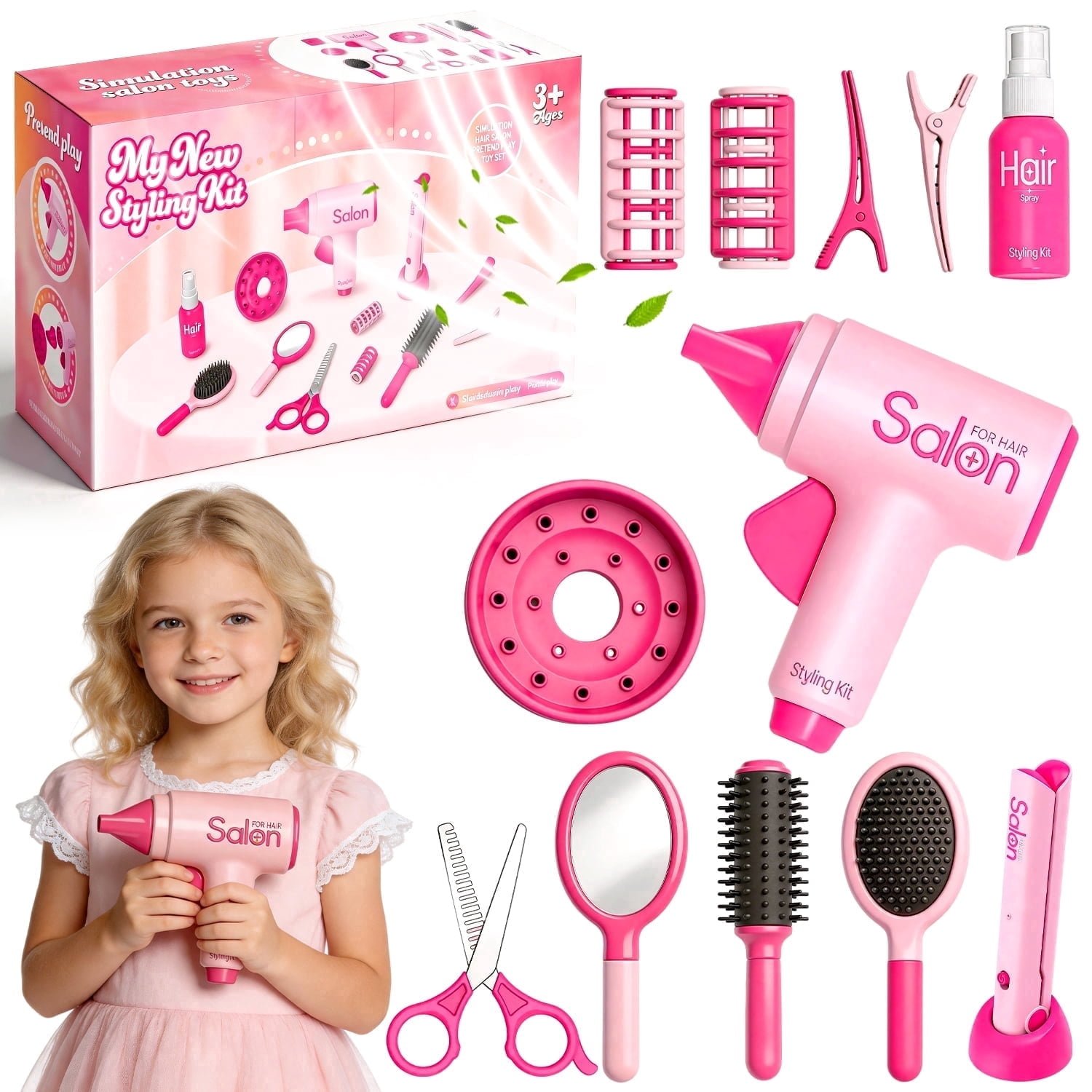 Rirool 14-Piece Pink Kids Hair Salon Toy Set with Pretend Blow Dryer, Straightener, Curling Iron, Mirror, Comb, Scissors, Spray Bottle and Hair Clips for Girls Ages 3+ Role Play Gift