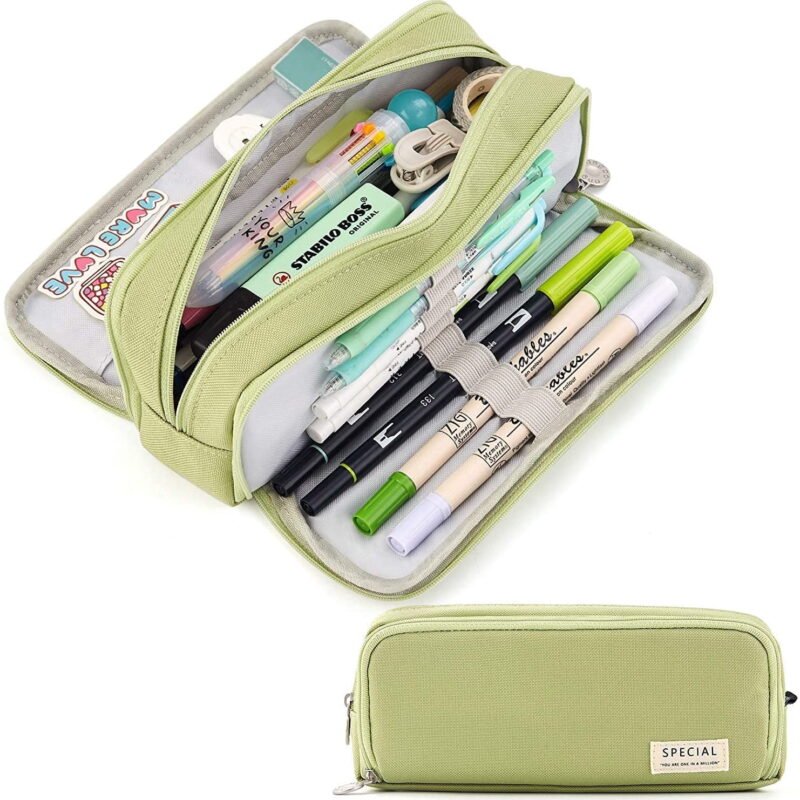Rirool Large Capacity Pencil Case 3 Compartment Pouch Pen Bag for School Teen Girl Boy Men Women Green