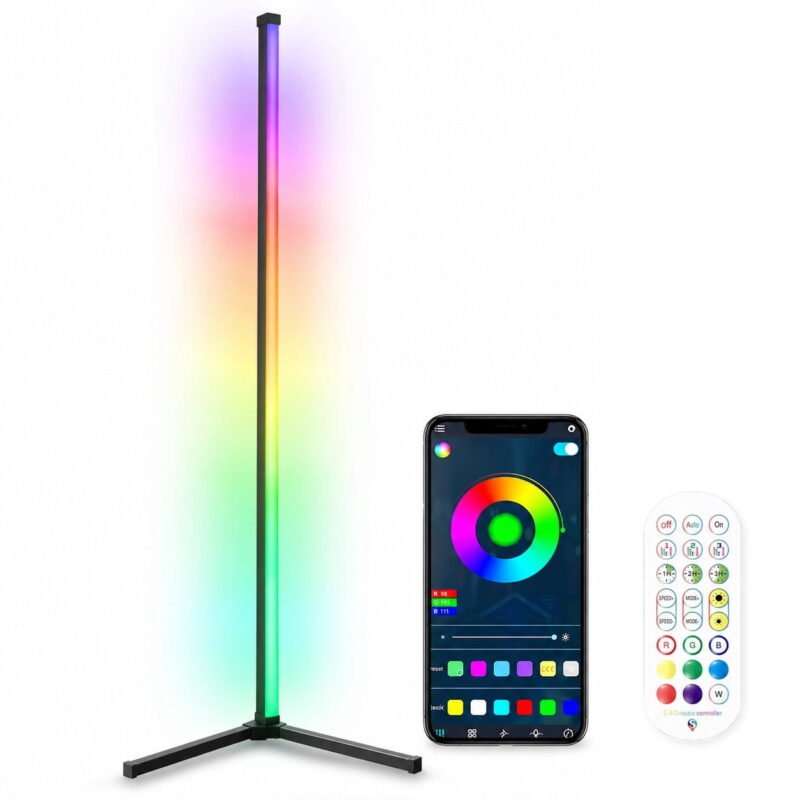 Rirool RGB Corner Floor Lamp, 55.91 in LED Standing Light with App Remote Control, 16 Million DIY Colors, Music Sync, Dimmable Modern Floor Lamp for Bedroom Living Room Gaming, Black