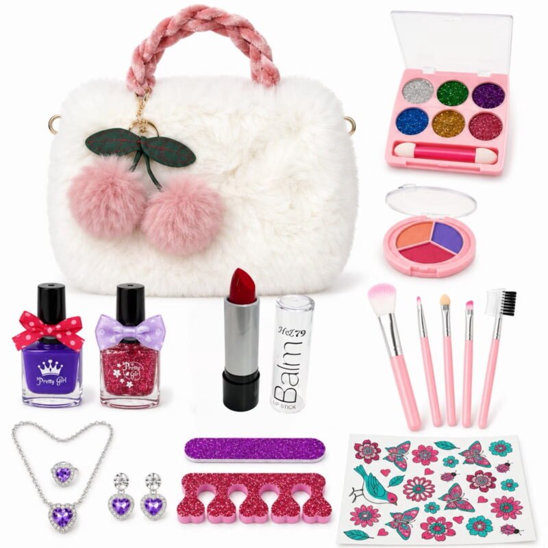 Rirool Girls Pretend Makeup Set with White Plush Purse, Nail Art and Jewelry, Ages 3+