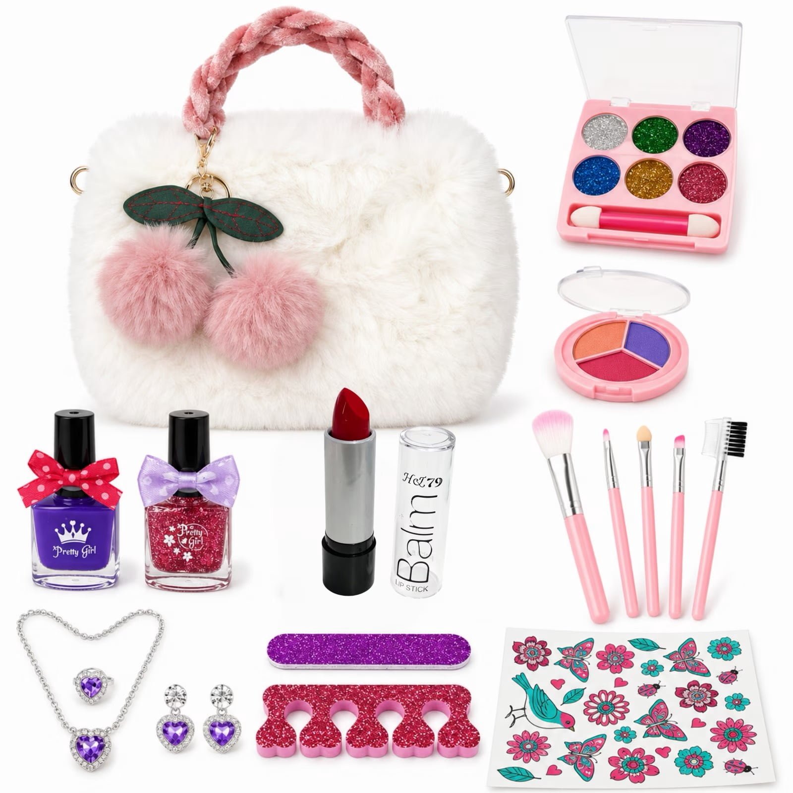 Rirool Girls Pretend Makeup Set with White Plush Purse, Nail Art and Jewelry, Ages 3+