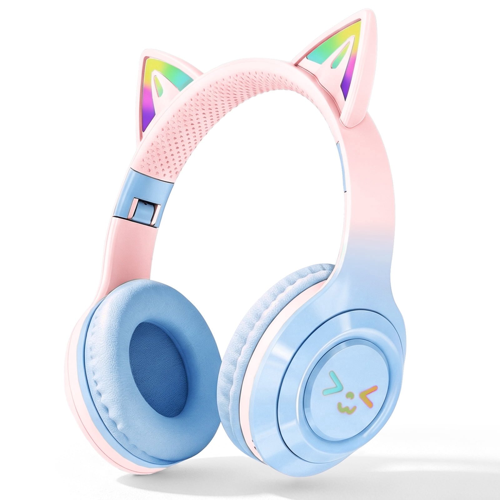 Rirool Cat Ear Bluetooth Headphones with LED Light, Wireless Foldable Headphones for Kids & Adults, Built-in Mic, SD Card Slot, Stereo Sound, 3.5mm Jack, Pink/Blue