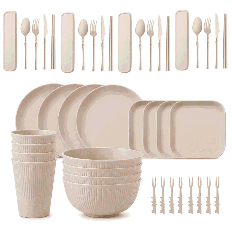 Rirool 44-Piece Wheat Straw Dinnerware Set for 4 with Plates, Bowls, Cups, Cutlery, Chopsticks and Storage Cases, Lightweight Reusable Tableware for Home, Dorm, Camping, Picnic, Beige