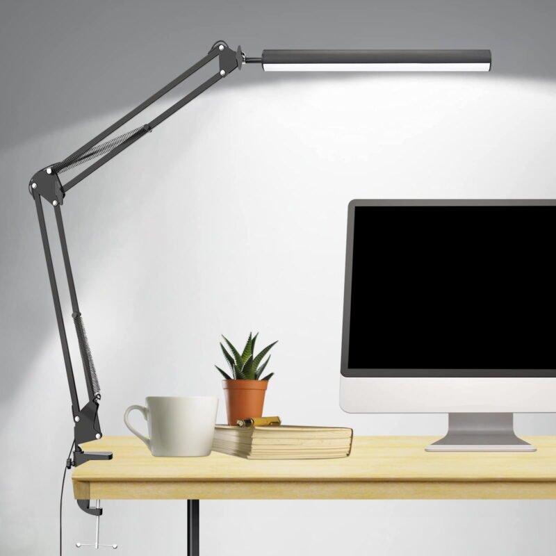 Rirool LED Desk Lamp, Eye-Caring Table Light with Clamp, 12W Dimmable Desk Light, Adjustable Swing Arm Desk Lamp with 3 Color Modes & 10 Brightness for Home Office