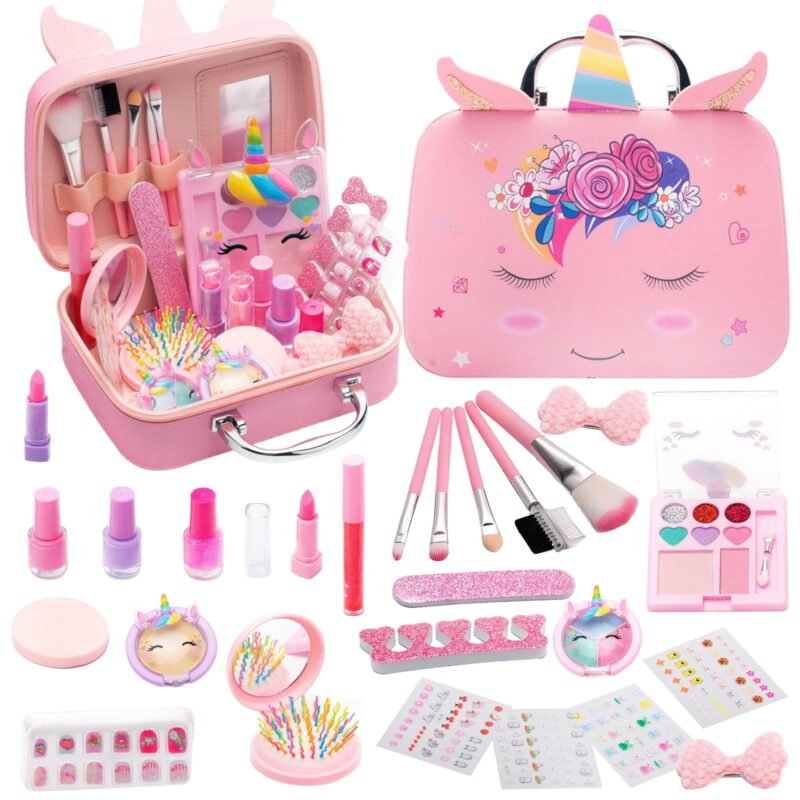 Rirool Kids Makeup Kit for Girls, Real Washable 26PCS Pretend Play Makeup Toys with Cosmetic Case, Princess Dress Up Gift for 3-12 Year Old Girls, Pink