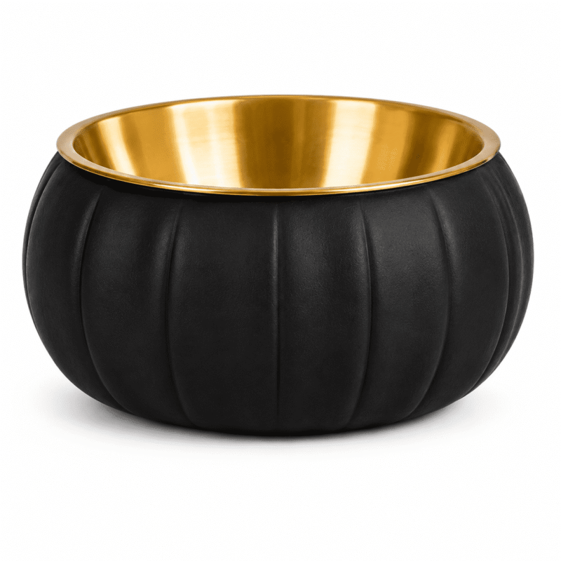 Rirool Pumpkin-Shaped Stainless Steel Pet Bowl with Stable Wide Base, 200g Capacity Food and Water Dish for Cats, Puppies and Small to Medium Dogs, Decorative Home Feeding Bowl, Black