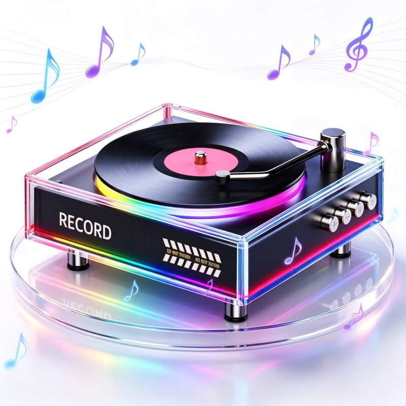 RNKR RGB Record Player Speaker, Retro Turntable Style Bluetooth 5.3 Wireless Speaker with Colorful LED Light, TF Card USB AUX FM, Desktop Music Decor Gift for Bedroom Living Room Party