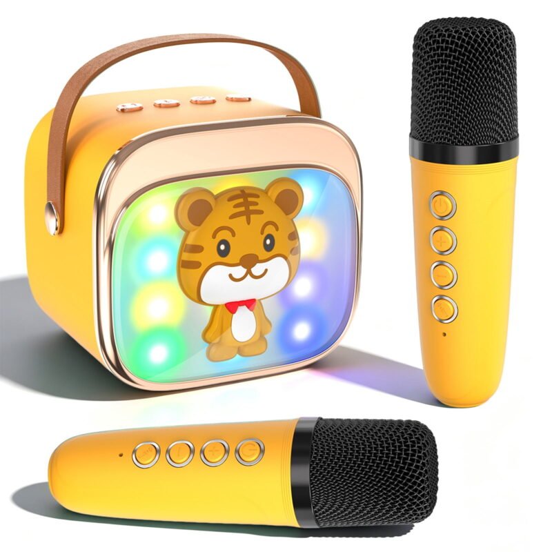 Rirool Kids Karaoke Machine with 2 Wireless Microphones, Bluetooth Karaoke Speaker with LED Lights, Voice Changer & Portable Party Toy for Boys & Girls, Yellow