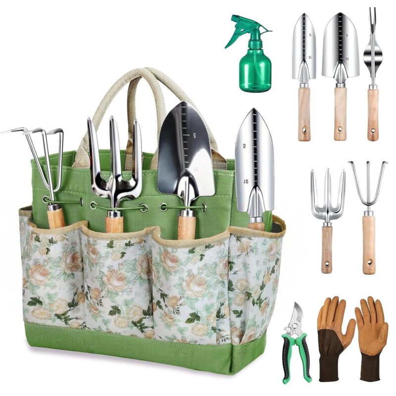 Rirool 9-Piece Heavy-Duty Gardening Tool and Accessory Set with Rust-Resistant Stainless Steel Tools, Beech Wood Ergonomic Handles, Gloves, Watering Can and Floral Storage Tote for Women and Men