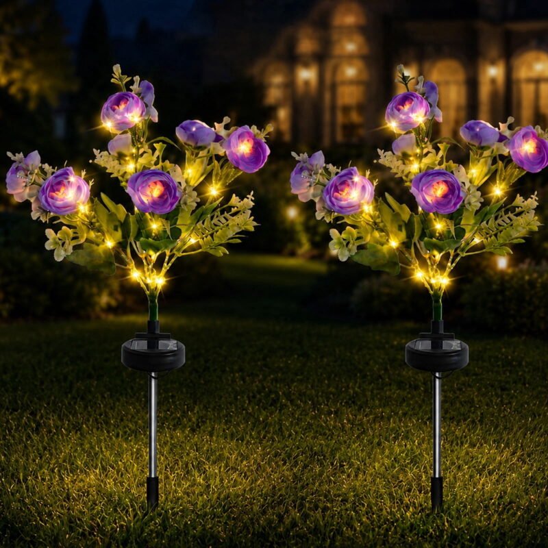 Rirool 2-Pack Purple Solar Peony Flower Garden Stake Lights, Warm White LED Outdoor Waterproof Decorative Lights with Auto On/Off for Yard Lawn Patio Pathway Walkway Flower Bed Decor