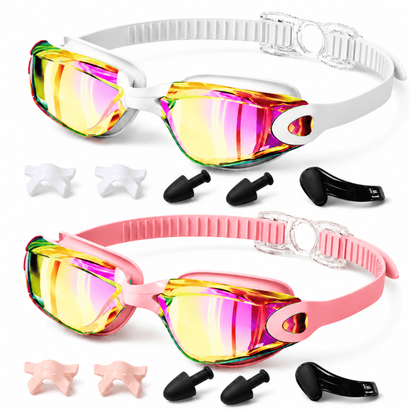 Rirool Swim Goggles 2 Pack, White and Pink Anti-Fog Swimming Goggles with UV Protection, Soft Silicone Seal, Adjustable Strap and Wide View for Adults Teens Pool Beach Training
