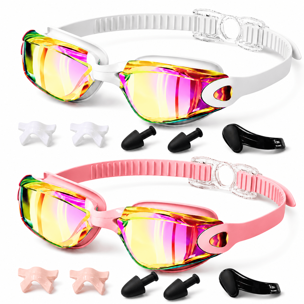 Rirool Swim Goggles 2 Pack, White and Pink Anti-Fog Swimming Goggles with UV Protection, Soft Silicone Seal, Adjustable Strap and Wide View for Adults Teens Pool Beach Training