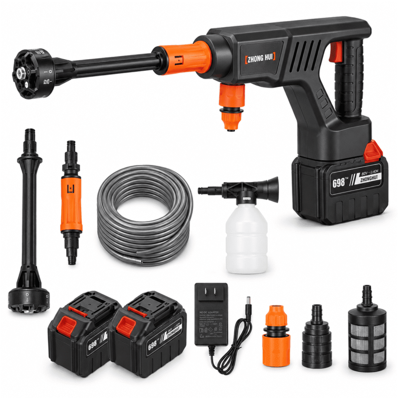 Rirool Cordless Pressure Washer, 21V Portable Power Washer with 2 Rechargeable Batteries, 6-in-1 Nozzle, Foam Cannon, Hose and Filter for Car, Patio and Outdoor Cleaning