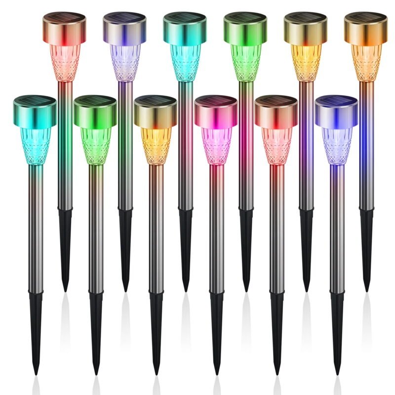Rirool Solar Pathway Lights Outdoor Waterproof 12 Pack, Solar Powered Garden Stake Lights for Patio Walkway Driveway Yard Lawn Landscape Decor, Multicolor