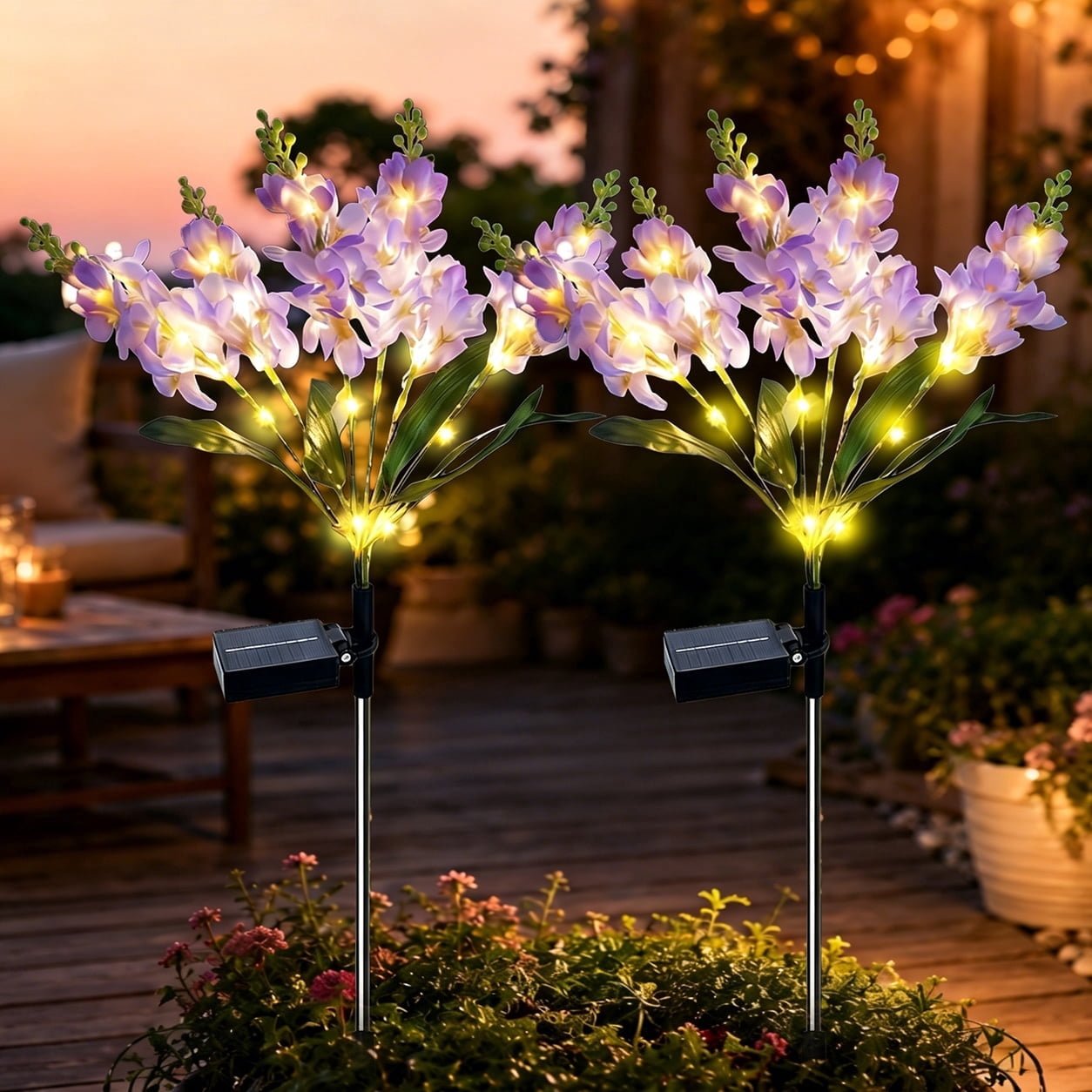Rirool Solar Purple Violet Flower Garden Stake Lights, 6-Head Warm White LED Outdoor Waterproof Pathway Lights for Yard Lawn Patio, Dusk-to-Dawn Decorative Landscape Lights, 2 Pack
