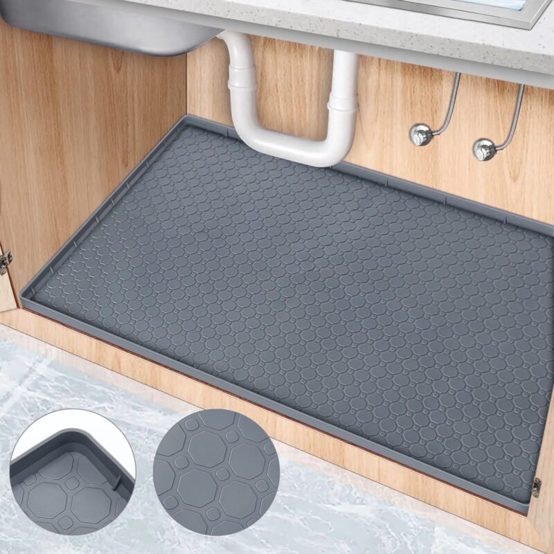 Rirool 34 x 22 Inch Gray Silicone Under Sink Mat with Raised Edge, Waterproof Cabinet Liner and Drip Tray Protector for Kitchen, Bathroom, Laundry Room, Shelves and Utility Storage