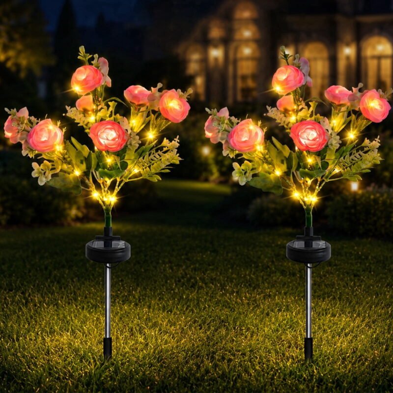 Rirool 2-Pack Pink Solar Peony Flower Garden Stake Lights, Warm White LED Outdoor Waterproof Decorative Lights with Auto On/Off for Yard Lawn Patio Pathway Walkway Flower Bed Decor