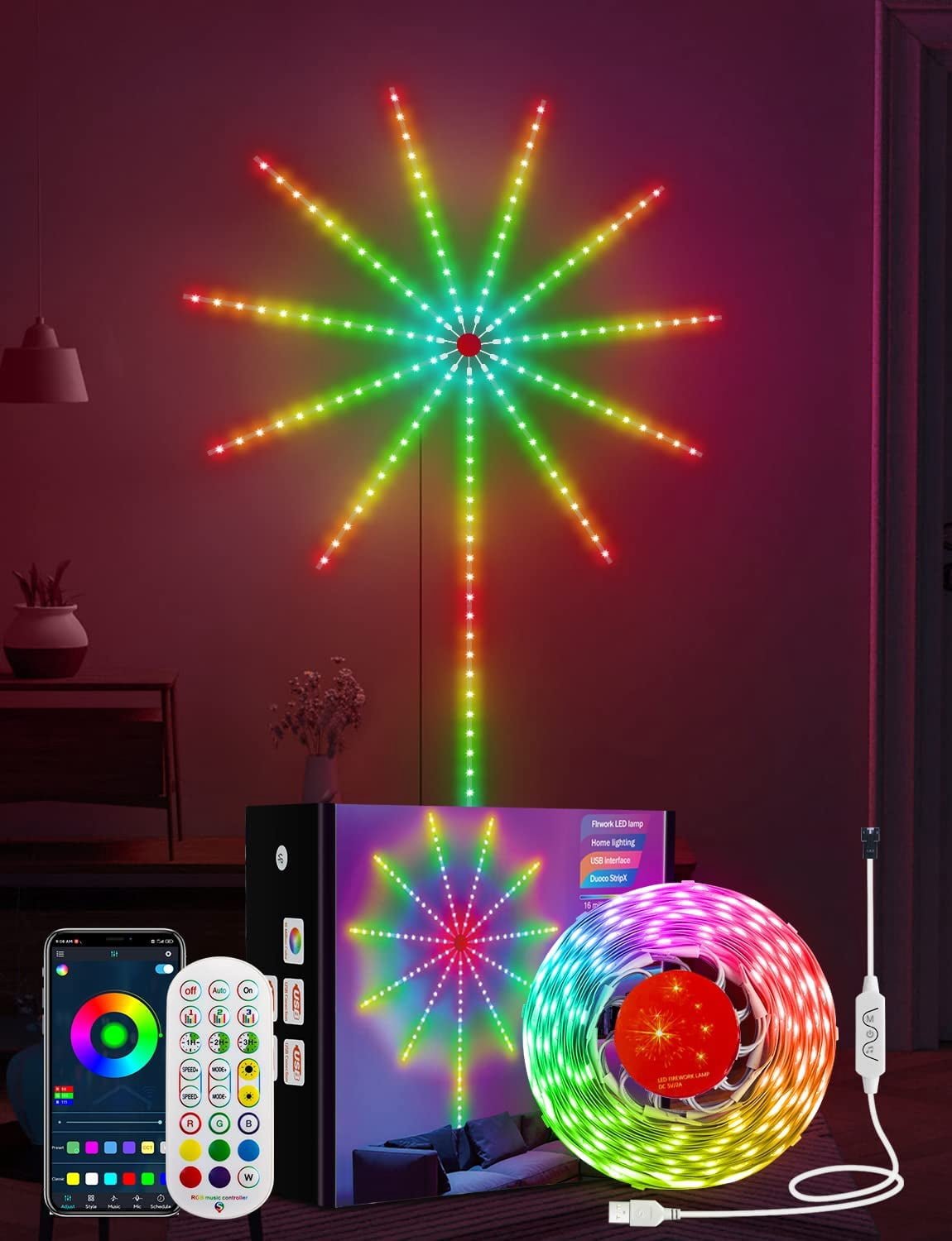 Rirool 10M RGB Firework LED Strip Lights, 180 LEDs USB Powered Smart Wall Light with App, Remote and Inline Control, Music Sync Color Changing Decor for Bedroom, Gaming Room, Party and Christmas