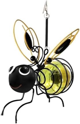 Rirool 2-Pack Solar Bee Hanging Garden Lights, Yellow Metal Outdoor LED Animal Lanterns with Warm White Glow, Bouncy Spring Design and Weather Resistance for Tree, Patio, Yard and Garden Decor