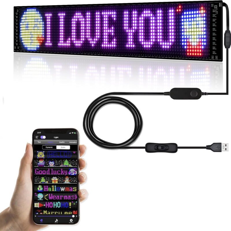 Rirool 23 x 5 Inch Programmable RGB LED Sign with Bluetooth App Control, Flexible Scrolling Display for Custom Text, Animation and Graffiti in Car, Store, Bar, Restaurant, Party and Event Decor