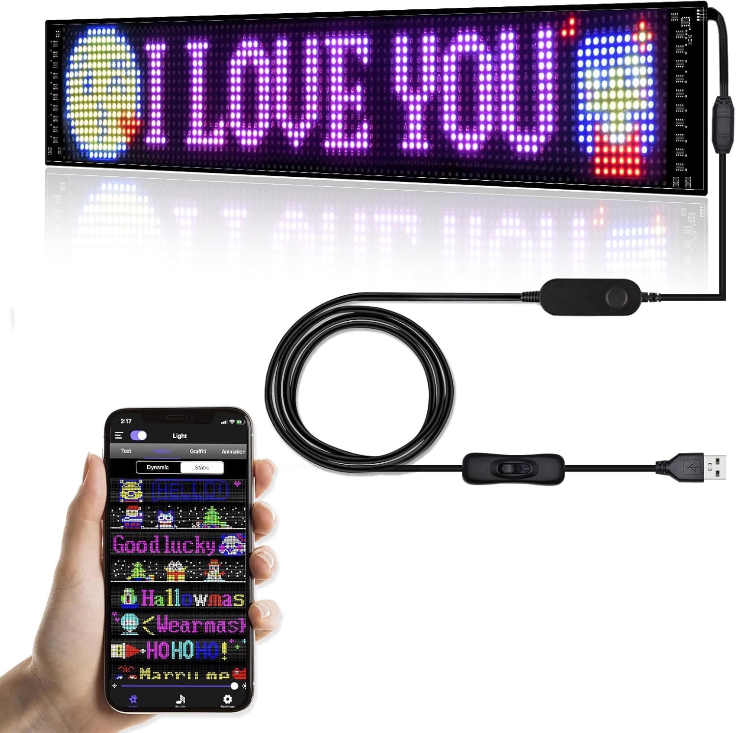 Rirool 23 x 5 Inch Programmable RGB LED Sign with Bluetooth App Control, Flexible Scrolling Display for Custom Text, Animation and Graffiti in Car, Store, Bar, Restaurant, Party and Event Decor