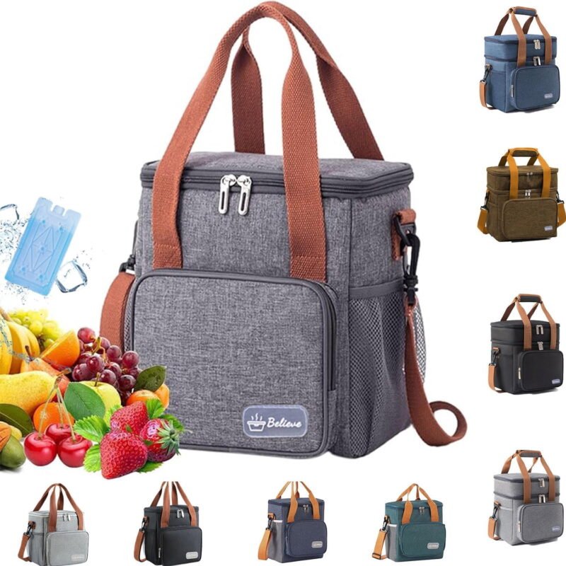 Rirool Large Gray Insulated Lunch Bag with Double Compartments, Adjustable Shoulder Strap, Water-Resistant Oxford Fabric and Leak-Resistant Lining for Work, Office, Picnic, Camping and Travel