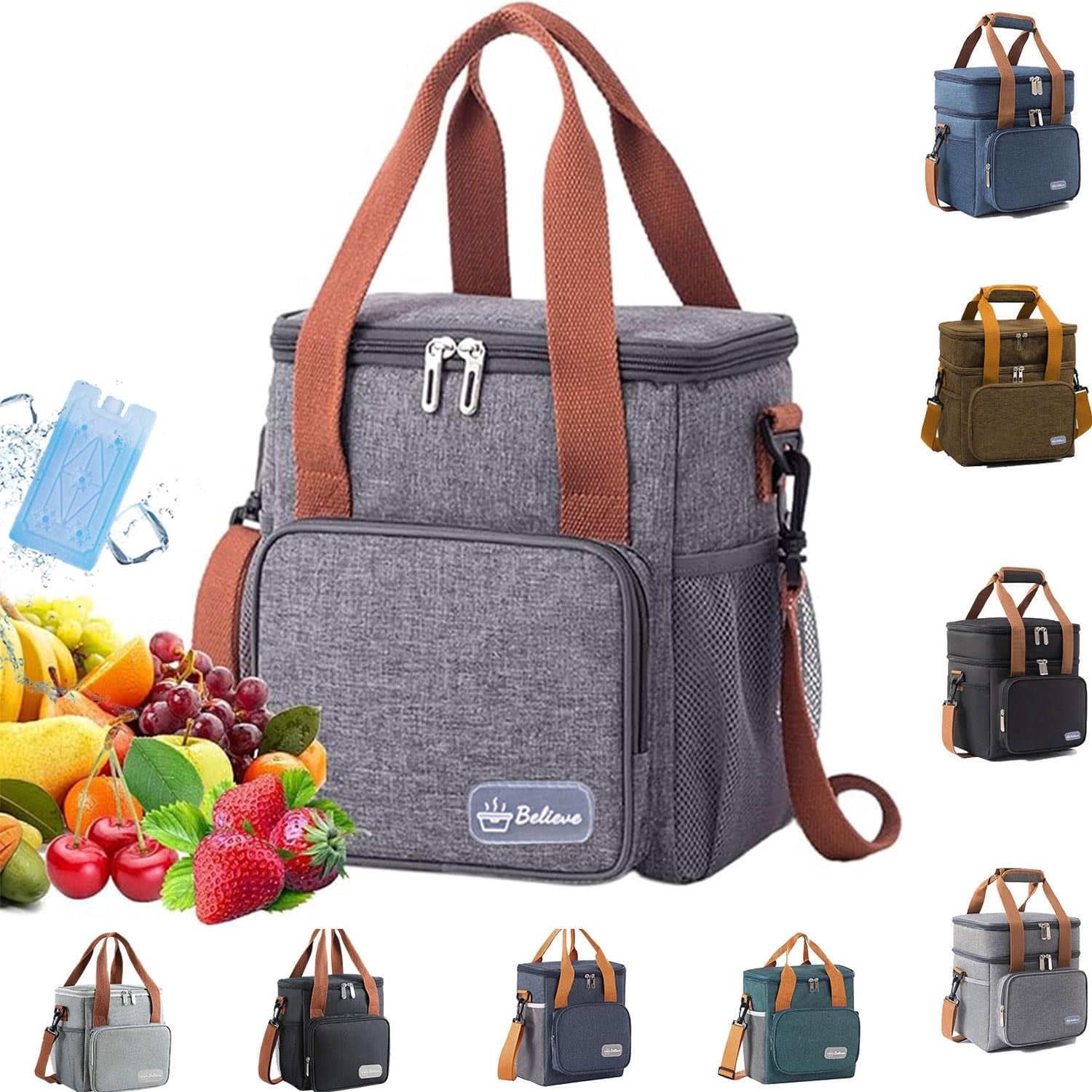 Rirool Large Gray Insulated Lunch Bag with Double Compartments, Adjustable Shoulder Strap, Water-Resistant Oxford Fabric and Leak-Resistant Lining for Work, Office, Picnic, Camping and Travel